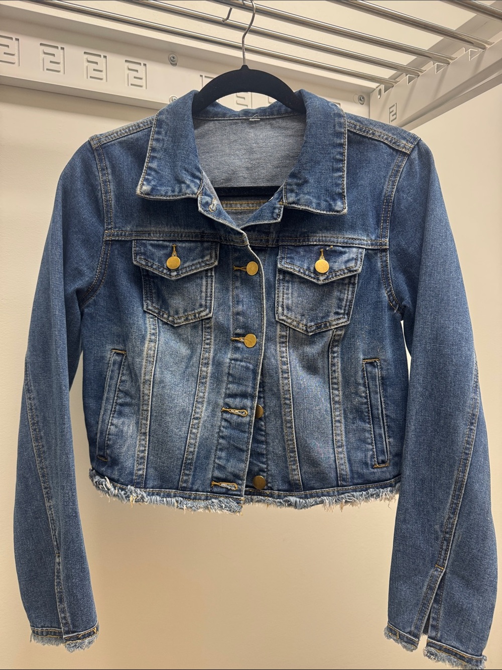 Classic Blue Denim Jacket with Raw Hem - Women. SMALL